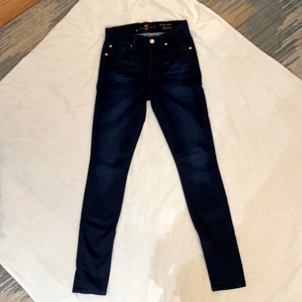 7 for all mankind skinny high rise jeans, 24”, great condition, dark blue